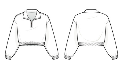 basic Quarter-Zip Pullover Jacket technical fashion illustration. Jacket vector template illustration. front and back view. cropped. plain. drop shoulder. unisex. white color. CAD mockup.