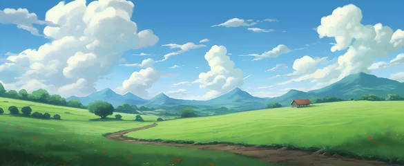 Fotobehang Green Field, Day sky clouds Anime Background © DavidGalih | Dikomo.