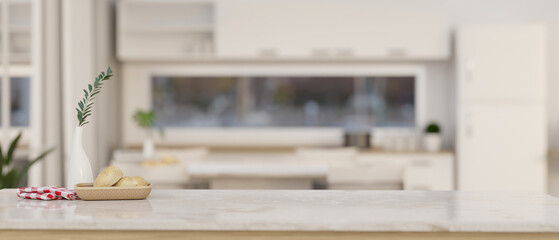 Fototapeta na wymiar Empty space on a kitchen tabletop in a modern white kitchen.