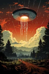 Fotobehang Man abduction by UFO colorful poster with alien spaceship kidnaps human in vintage style vector illustration made by generative AI © akimtan