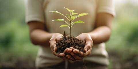 In Woman Hand Planting Green Bokeh Sprouts Tree, Environmental Protection View,