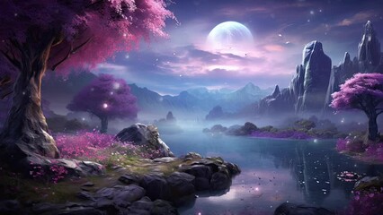 Fantasy landscape, blue and purple, mystery and wonder