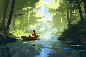 Obraz premium boy rowing a boat in a river through the forest, digital art style, illustration painting