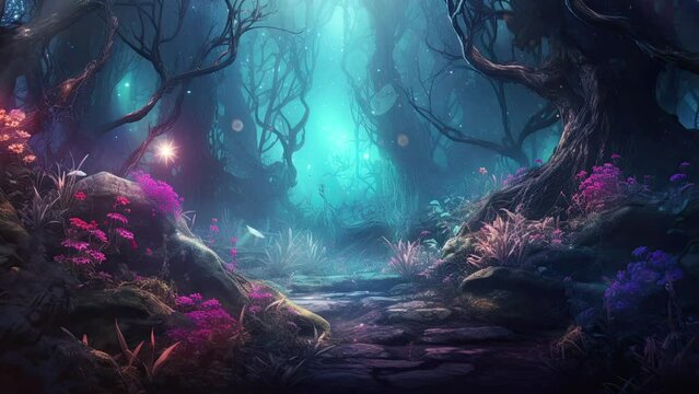 Fantasy forest with vibrant shades of blue and purple, creating a magical atmosphere