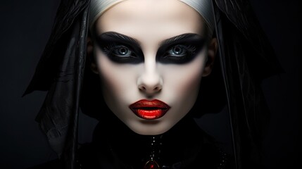 Dark and captivating Halloween makeup on a woman. Gothic dress and devilish expression. Concept of fear and seduction.