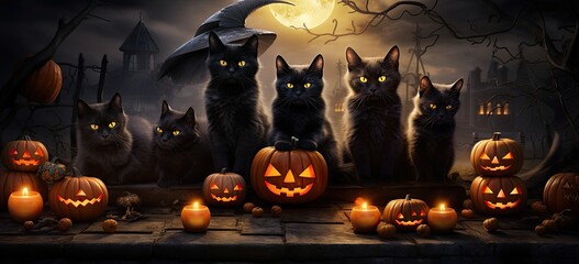 Mysterious black cats creating eerie Halloween ambiance with pumpkins.