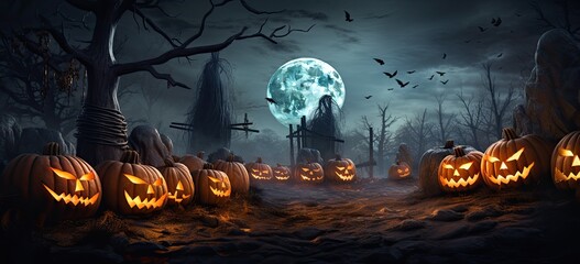 Haunted house in the misty night. Sinister pumpkins and ghostly figures. Concept of Halloween fright.