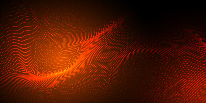 Abstract futuristic red and orange wave with moving dots. Flow of particles with glitch effect. Ideal vector graphics for brochures, flyers, magazines, business cards and banners. Vector.