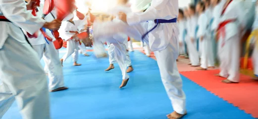 Fotobehang People in martial arts training exercising taekwondo with blur motion © xy