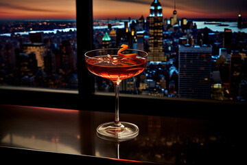 Metropolis Manhattan cocktail in city skyline setting, alcoholic beverages, alcoholic drink, elegant drink