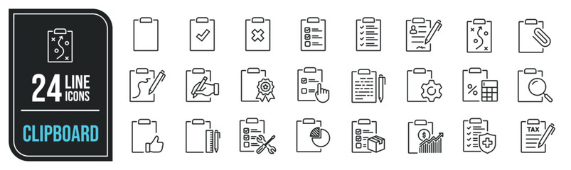 Clipboard simple minimal thin line icons. Related checklist, approved, survey, report. Editable stroke. Vector illustration.