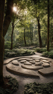 forest with stone benches in circle pattern 