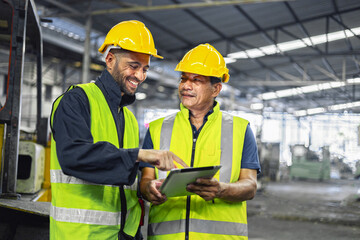 two engineer look projects and planning with tablet mobile in factory