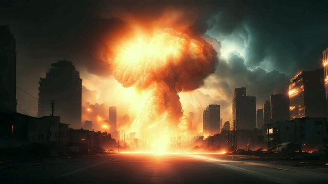 nuclear bomb in the city, nuclear explosion video animation, Hiroshima day illustration, Seamless Animation Video Background in 4K Resolution	