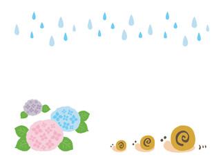 かわいい梅雨の紫陽花とかたつむりのセット／手描きイラスト