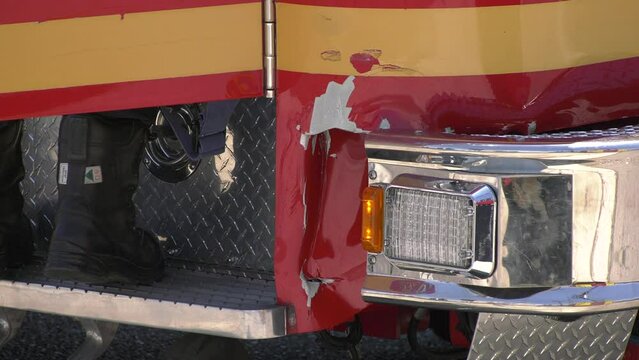 damaged fire truck after crash