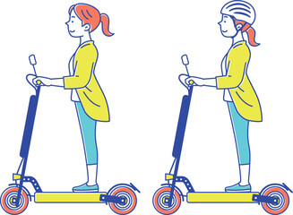 電動キックボードに乗る若い女性のセットイラスト