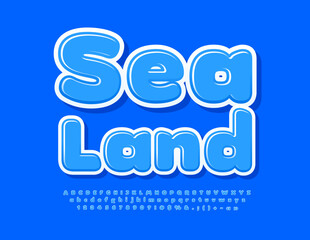 Vector logo Sea Land. Cute Blue Font. Glossy Alphabet Letters, Numbers and Symbols