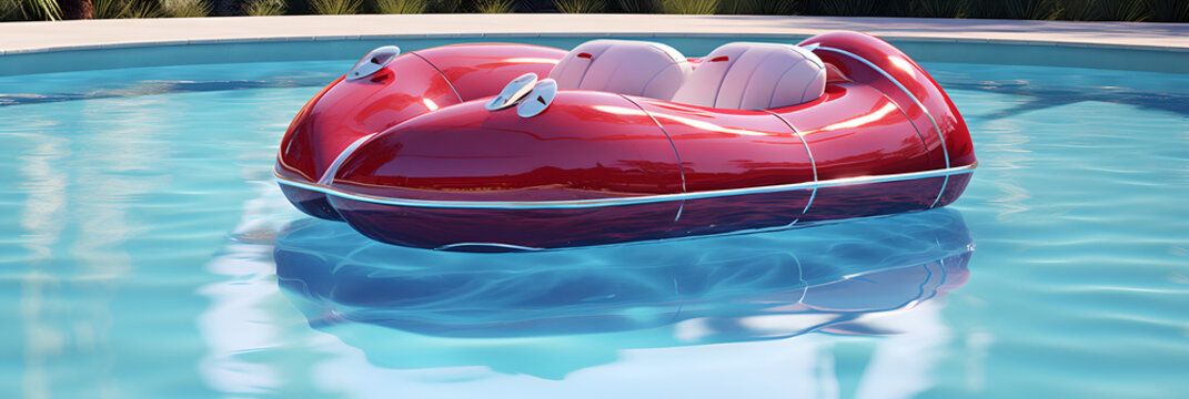 Inflatable Fancy car floating in swimming pool on sunny day, vacation