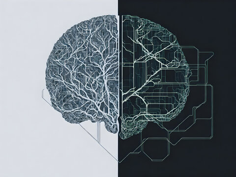 Stylized Abstract Modern Drawing of Human Brain with Wires and Cables