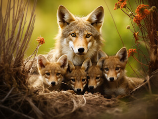 A Coyote and Her Babies in Nature | Generative AI