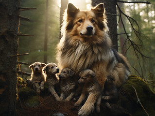 A Dog and Her Babies in Nature | Generative AI