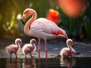 Naklejka premium A Flamingo and Her Babies in Nature | Generative AI