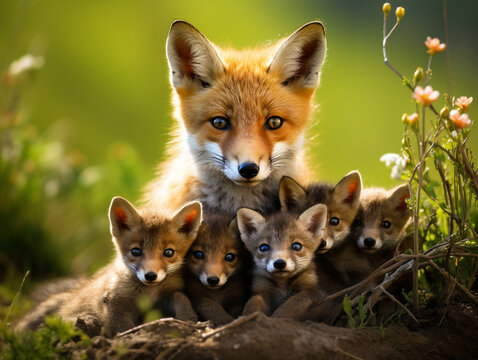 A Fox and Her Babies in Nature | Generative AI