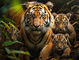 Obraz premium A Tiger and Her Babies in Nature | Generative AI