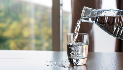 drinking water pouring from jug into glass on table against the window indoors