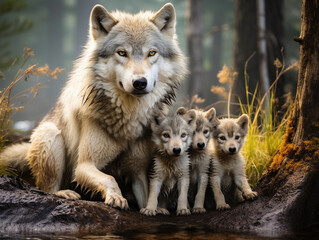 A Wolf and Her Babies in Nature | Generative AI - obrazy, fototapety, plakaty