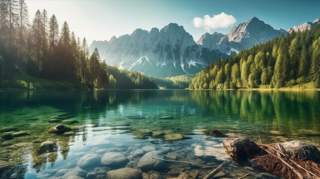 lake in the mountains HD 8K wallpaper Stock Photographic Image
