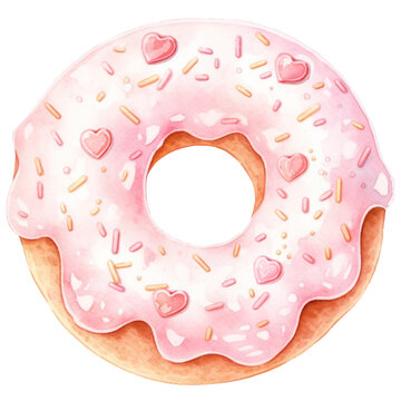 Delicious Pink Donut Watercolor with Heart Sprinkles, Sweet Treat for Valentine's Day, Isolated on Transparent Background. Generative AI