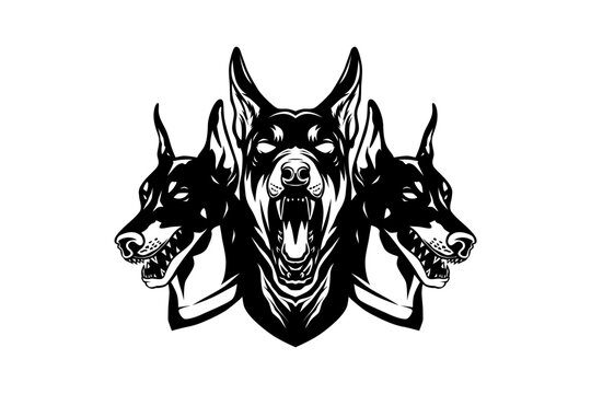 Doberman dog with three head like cerberus, vector black white