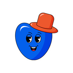 Cute cartoon heart character of a male with a hat. Groovy sticker isolated on white background. Concept for Valentine's Day. Blue color. Retro 60s 70s style. Cheerful cute illustration. Vector 