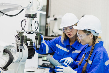Team technician engineer using remote control automation robotics at industrial modern factory. woman working at factory innovation automation robot.