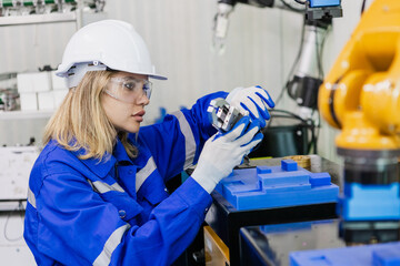 Female technician engineer robotics working at industrial modern factory. woman working at factory innovation automation robot. Staff introduces operation of robots in production process.