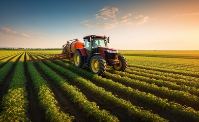 A tractor sprayed crops in a field at sunset, generative AI - obrazy, fototapety, plakaty