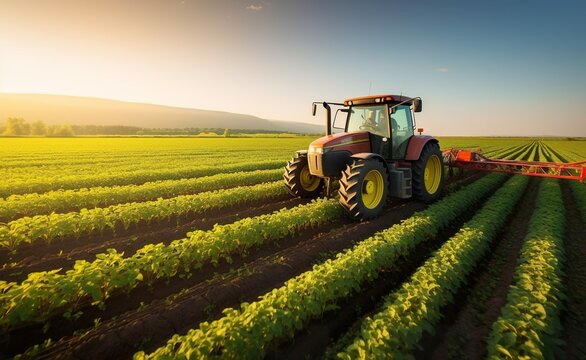 A tractor sprayed crops in a field at sunset, generative AI