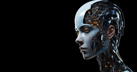Obraz premium Head portrait of a robot woman, side view. Artificial intelligence concept. Generative AI.