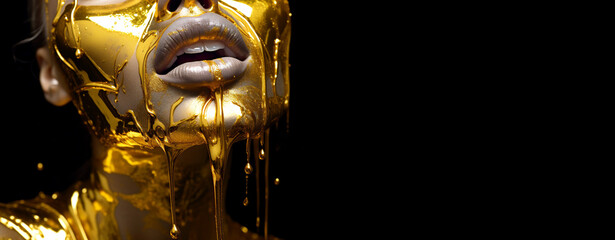  Golden metallic skin make-up on black background. Portrait of beautiful model, gold paint smudges drips from face. Modern design, Fashion art portrait. Banner. Generative Ai content.