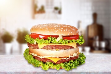 Tasty fresh Hamburger dish on desk
