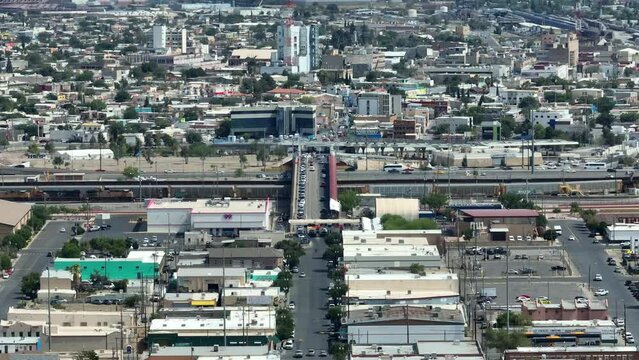 U.S. Customs And Border Protection - Paso Del Norte Port Of Entry. Aerial Establishing Shot Of International Bridge Between El Paso, Texas, United States And Ciudad Juarez, Chihuahua, Mexico.