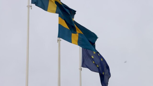 Flags of EU (European Union) and Sweden flap in wind on cloudy day