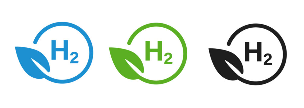 Hydrogen H2 fuel alternative environmental friendly leaf round symbol in blue green black color