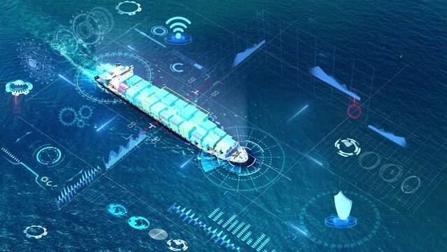 AI technology Cargo Container Ship. Tehcnology Global Logistics international delivery concept, World map logistic and supply chain network distribution Container Ship running to customs ocean concept