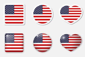 Flag of USA icons collection. Flat stickers and 3d realistic glass vector elements on white background with shadow underneath.