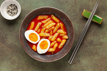 Tteokbokki with eggs in gray bowl . Tteok-bokki is a korean cuisine dish with rice cakes. Asian food. Top view. Copy space
