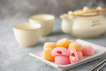 Japanese rice sweet dessert mochi in plate.