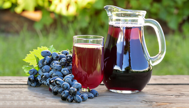 fresh grape juice in glass and jug with ripe bunch of dark blue berries on wooden table outdoors